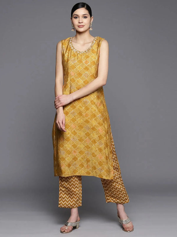 Mustard Printed Silk Blend Straight Kurta Set With Trousers - Jashvi