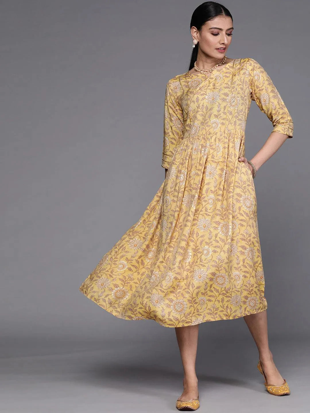 Mustard Printed Silk Dress - Jashvi