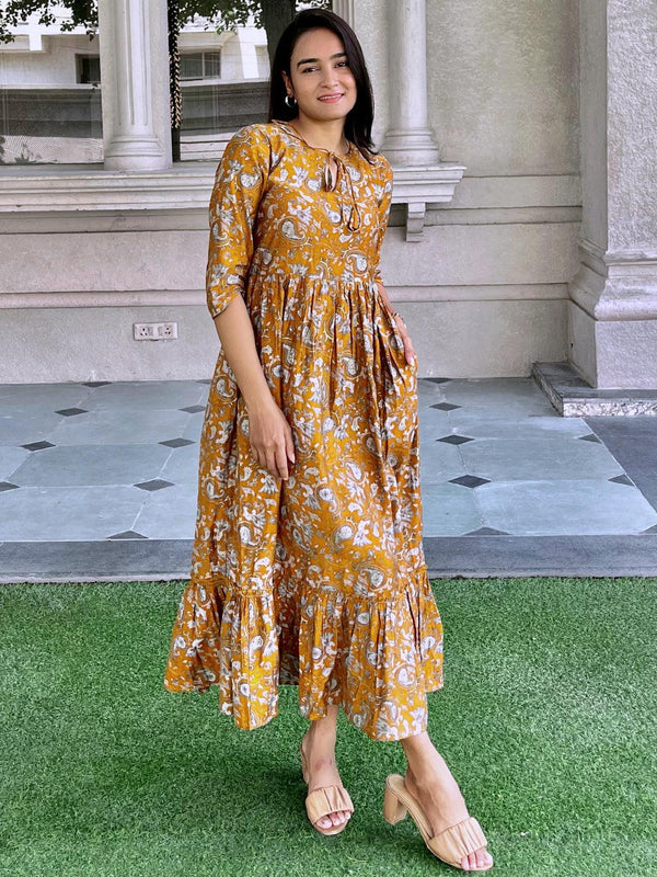 Mustard Printed Silk Fit and Flare Dress - Jashvi