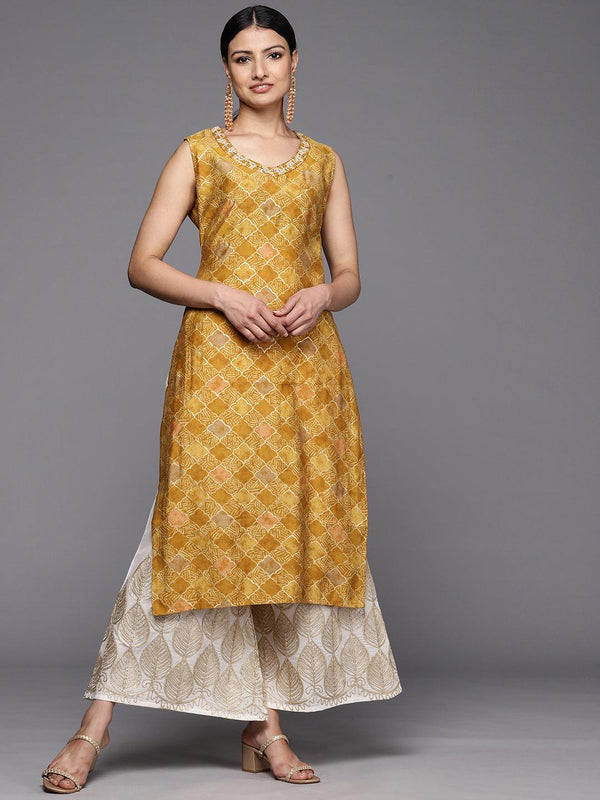 Mustard Printed Silk Straight Kurta - Jashvi