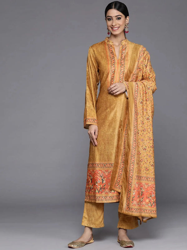 Mustard Printed Velvet Straight Suit Set With Trousers - Jashvi