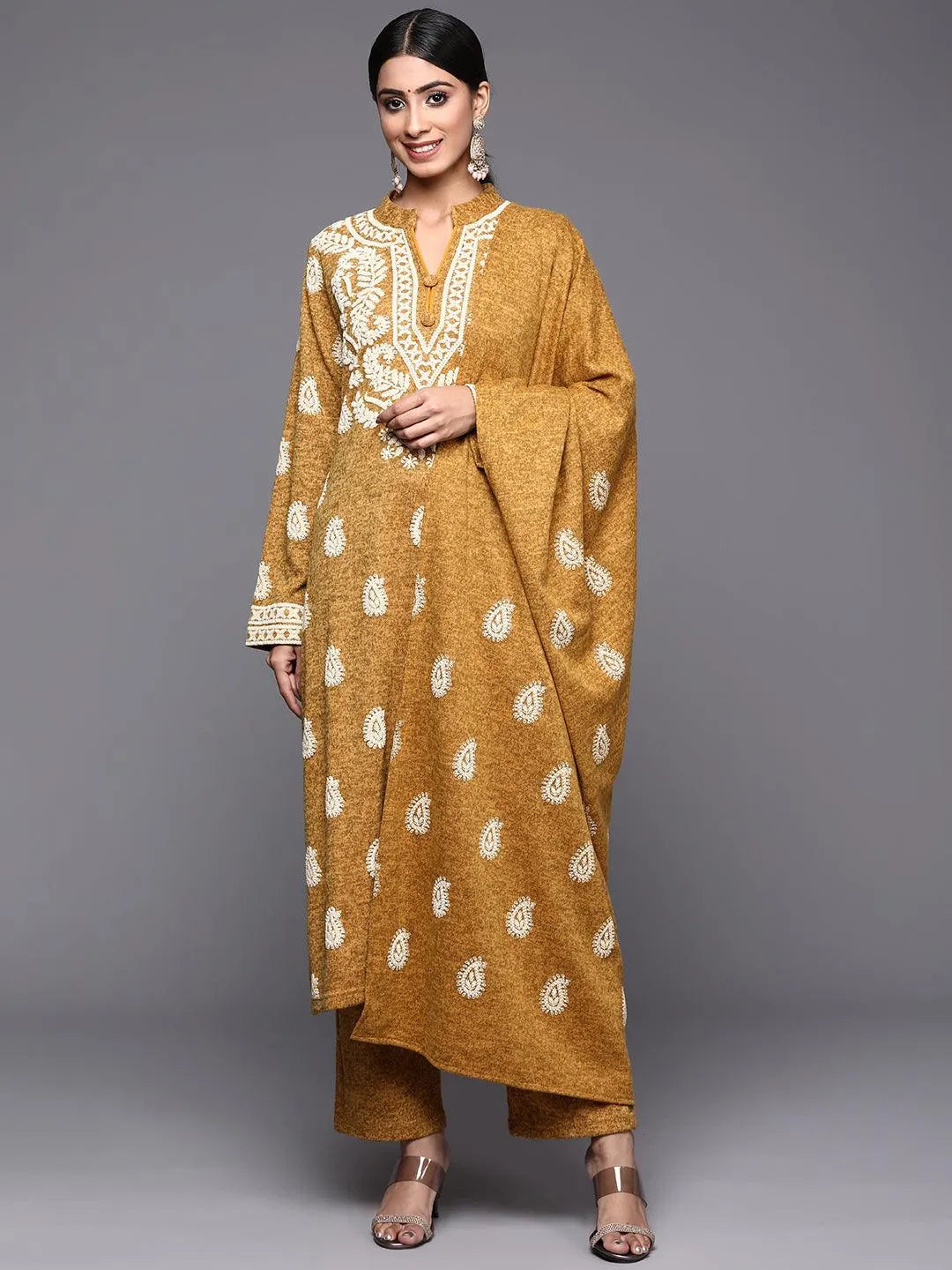 Mustard Printed Wool Straight Suit Set - Jashvi