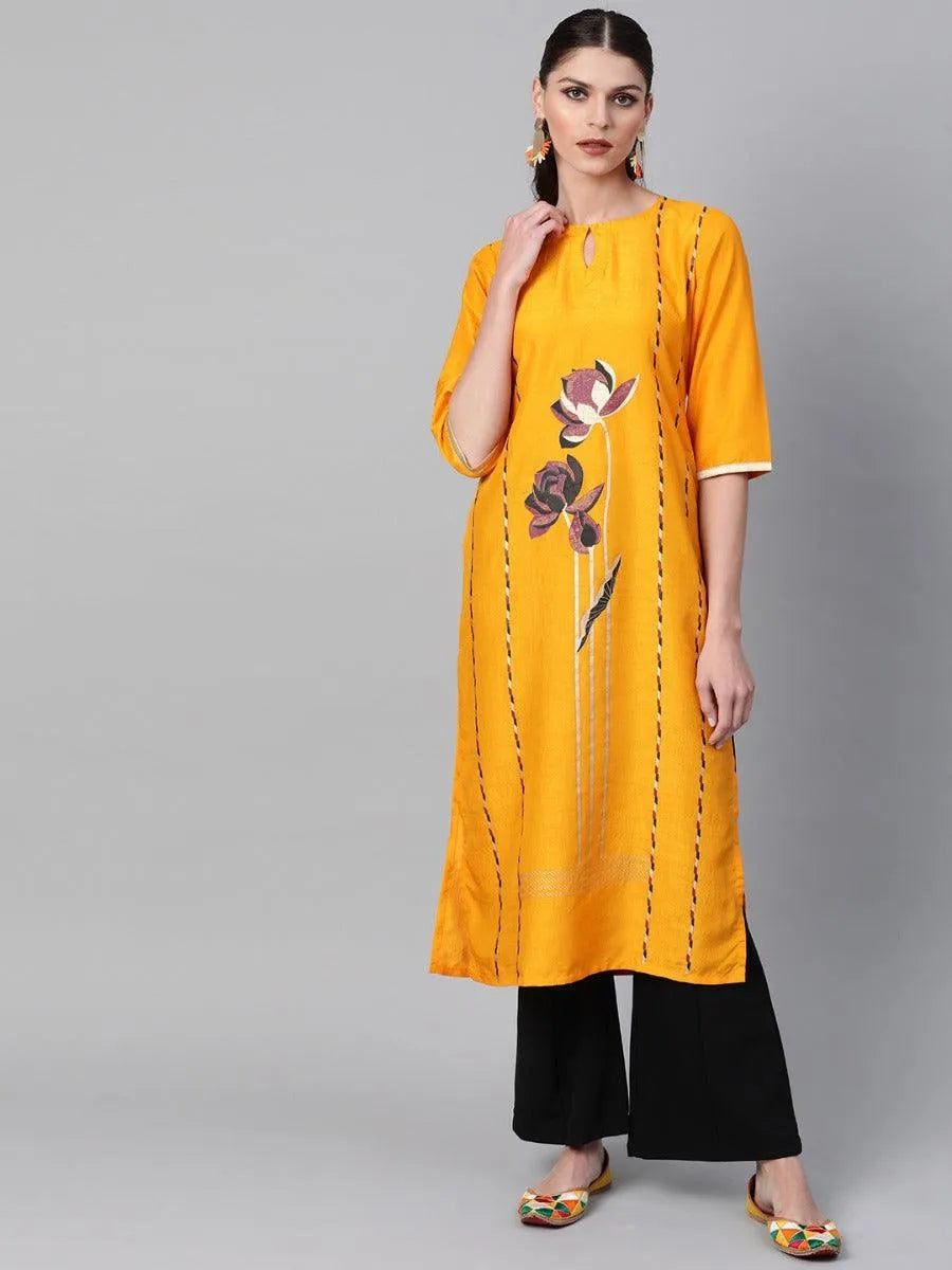 Mustard Self Design Chanderi Kurta - Jashvi