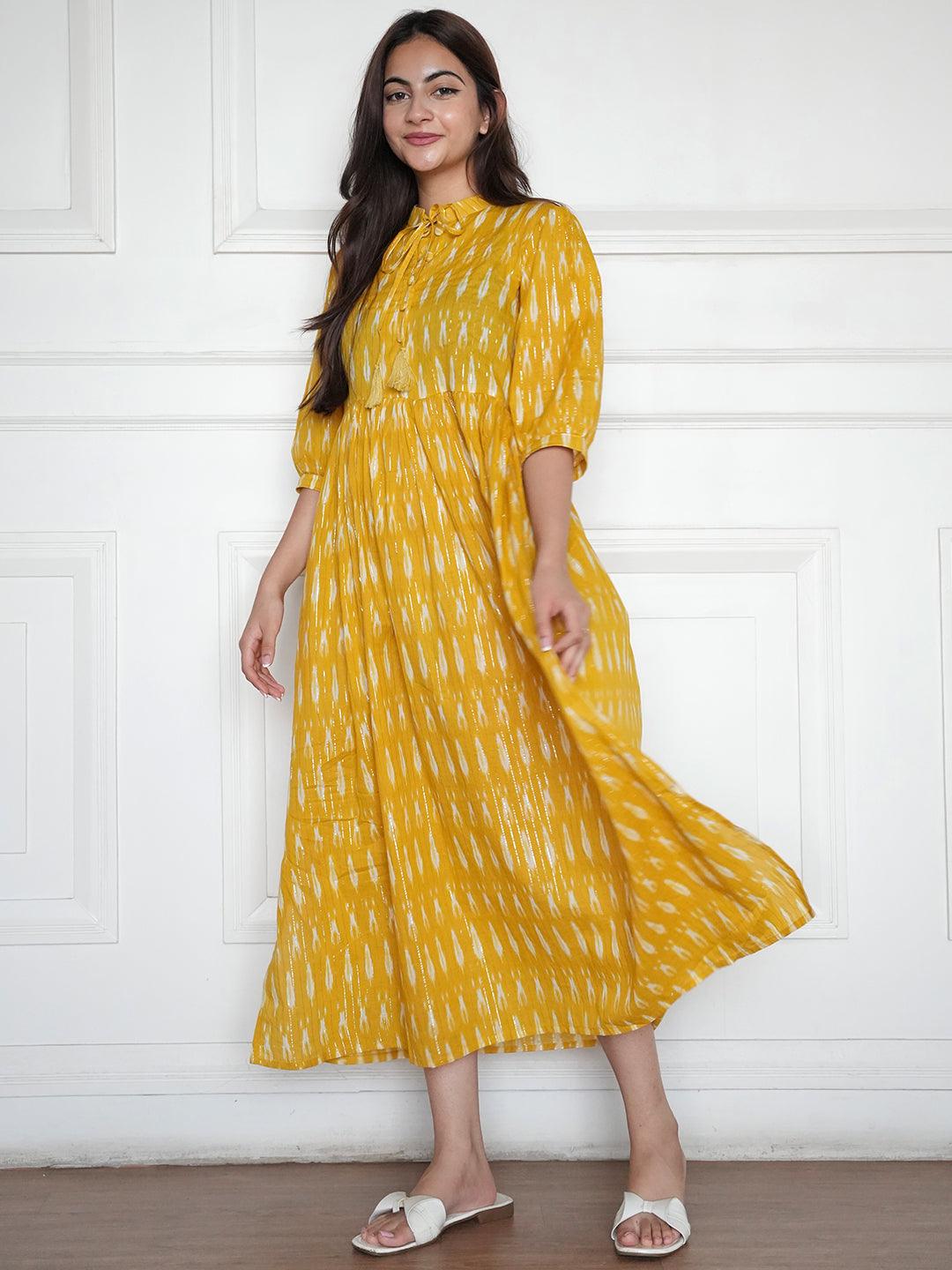 Mustard Self Design Cotton Fit and Flare Dress - Jashvi