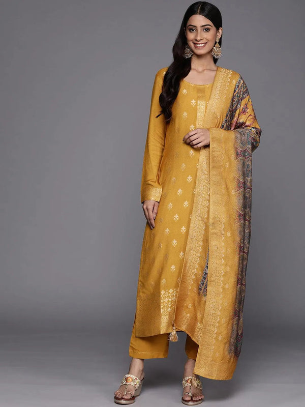 Mustard Self Design Pashmina Wool Straight Suit Set - Jashvi