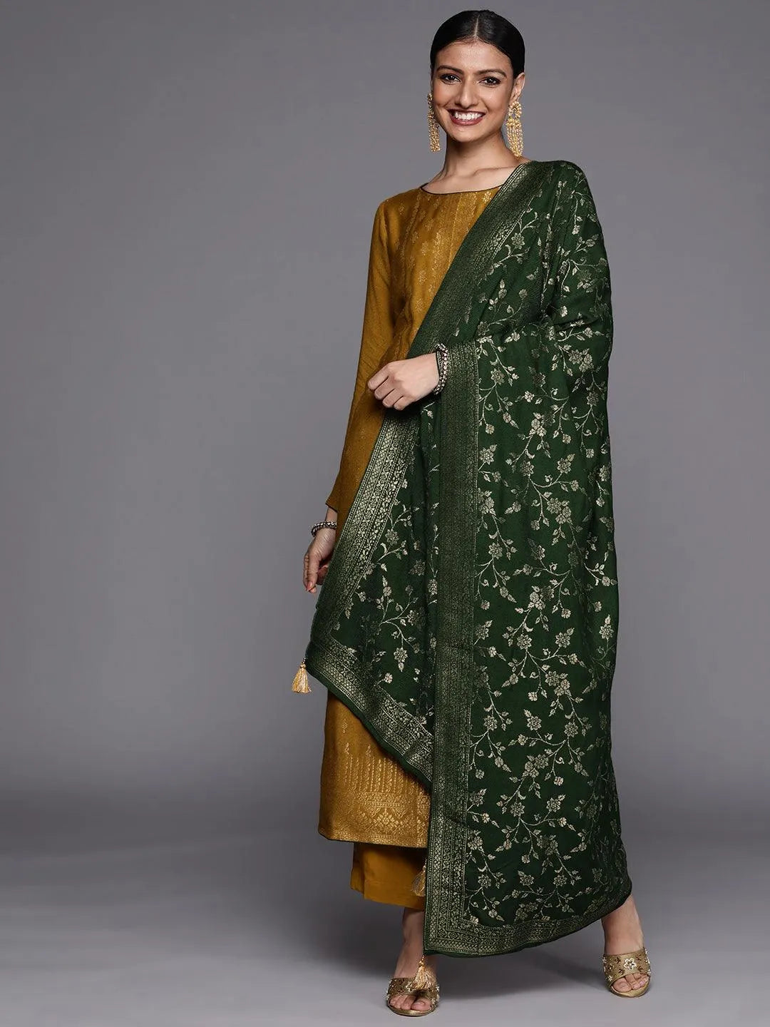 Mustard Self Design Pashmina Wool Straight Suit Set - Jashvi