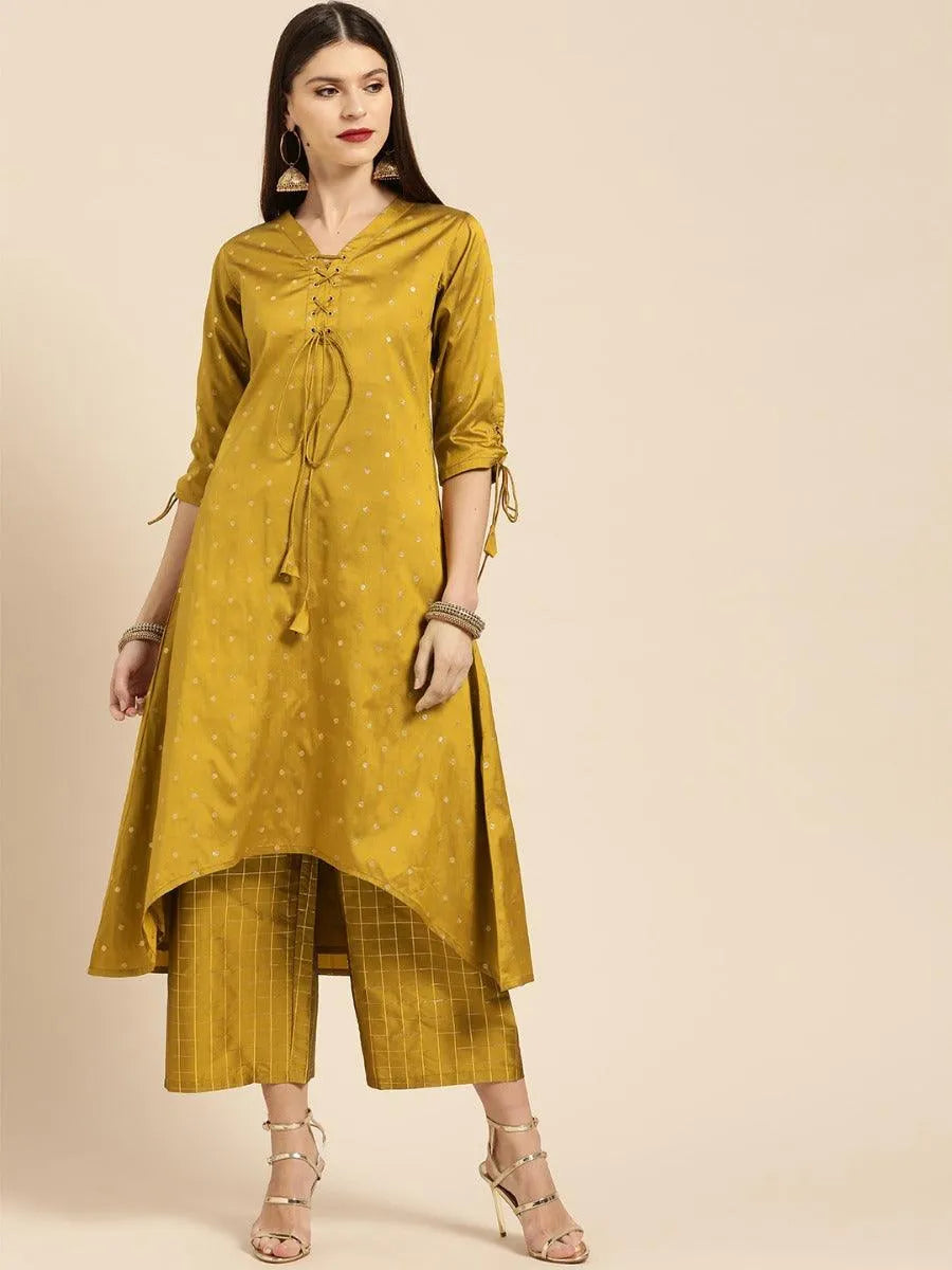 Mustard Self Design Silk Kurta Set - Jashvi