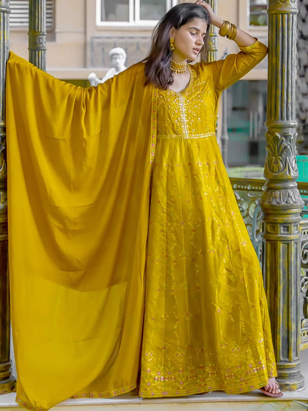 Mustard Self Design Silk Anarkali Suit Set - Jashvi