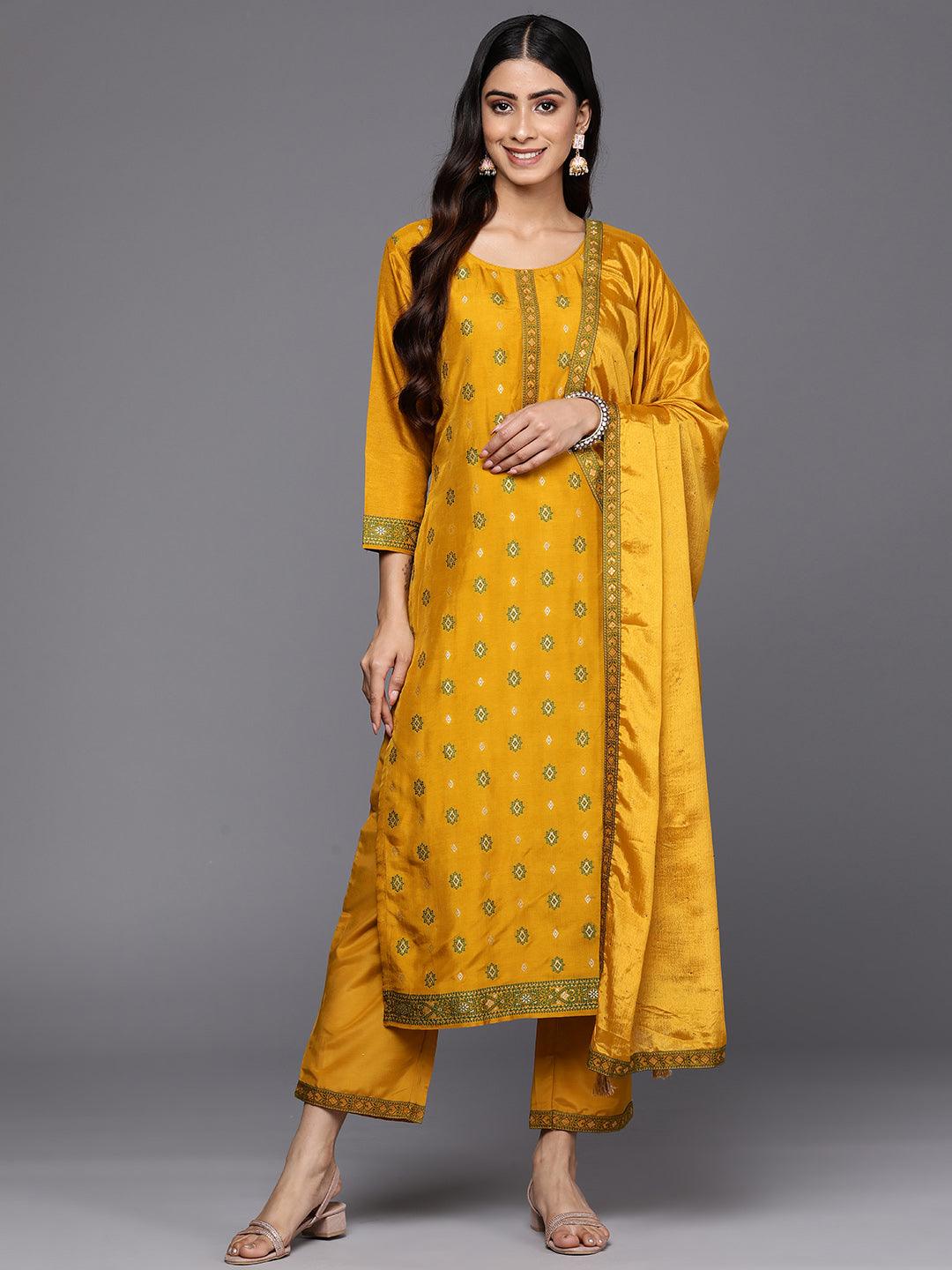 Mustard Self Design Silk Blend Straight Suit Set With Trousers - Jashvi