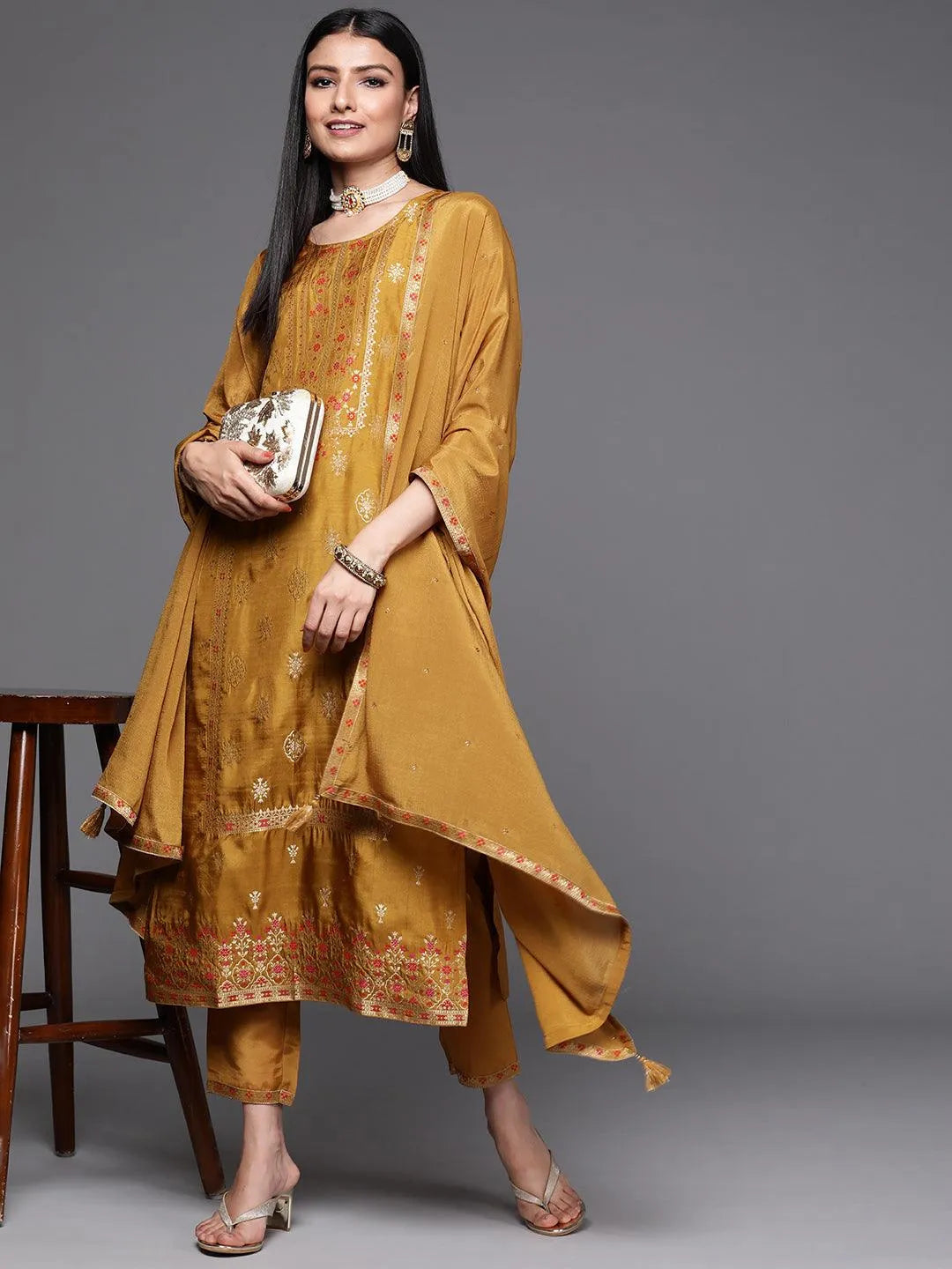 Mustard Self Design Silk Suit Set - Jashvi