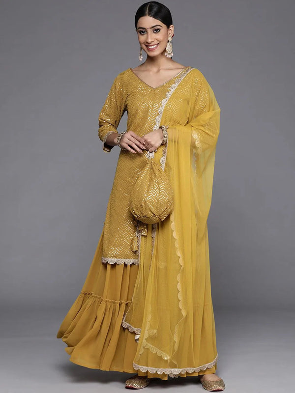 Mustard Sequinned Georgette Straight Sharara Suit Set With Potli - Jashvi