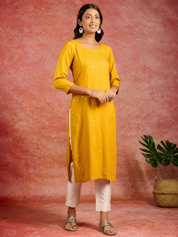 Mustard Sequins Rayon Straight Kurta - Jashvi