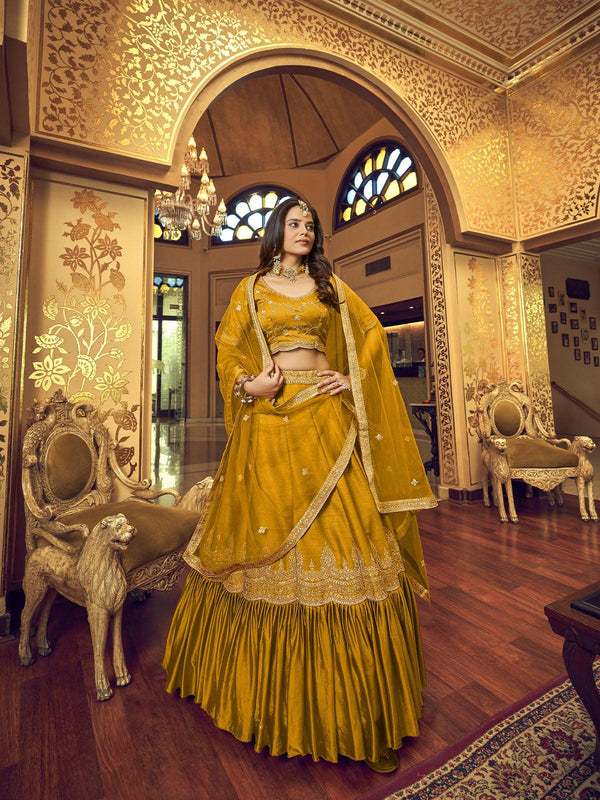 Women's Mustard Silk And Satin Lehenga Choli - Odette