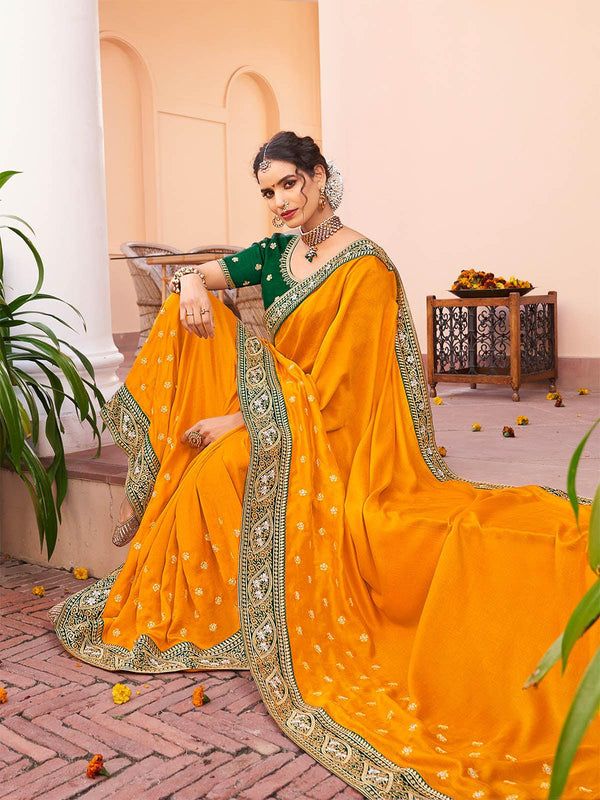 Women's Mustard Silk Blend Saree - Odette