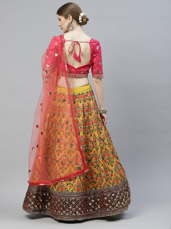 Women's Mustard Silk Embroidered Lehenga Choli Set - Odette