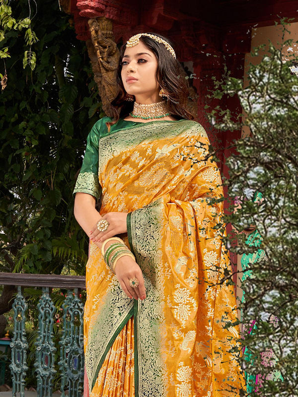 Women's Mustard Silk Organza Heavy Designer Saree - Odette