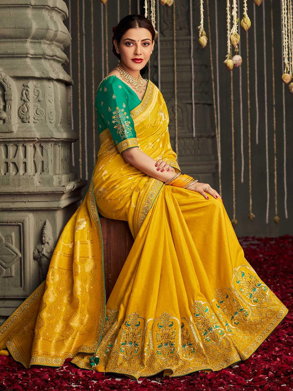 Women's Mustard Silk Woven Design Saree With Blouse - Odette