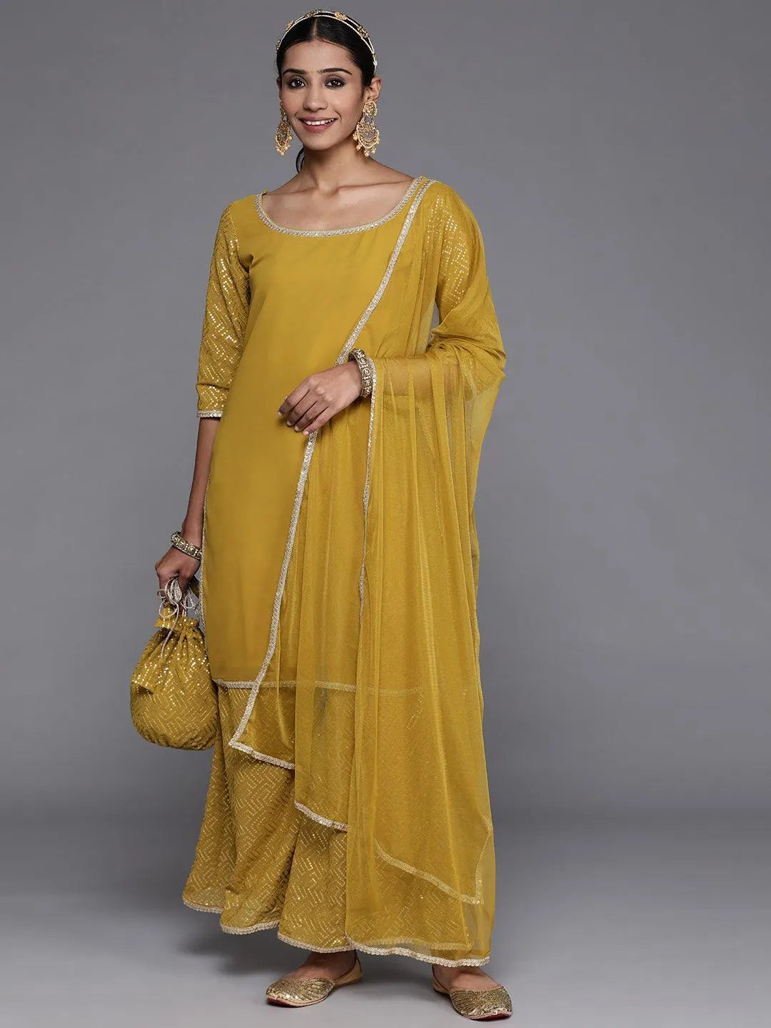 Mustard Solid Georgette Straight Suit Set With Palazzos - Jashvi