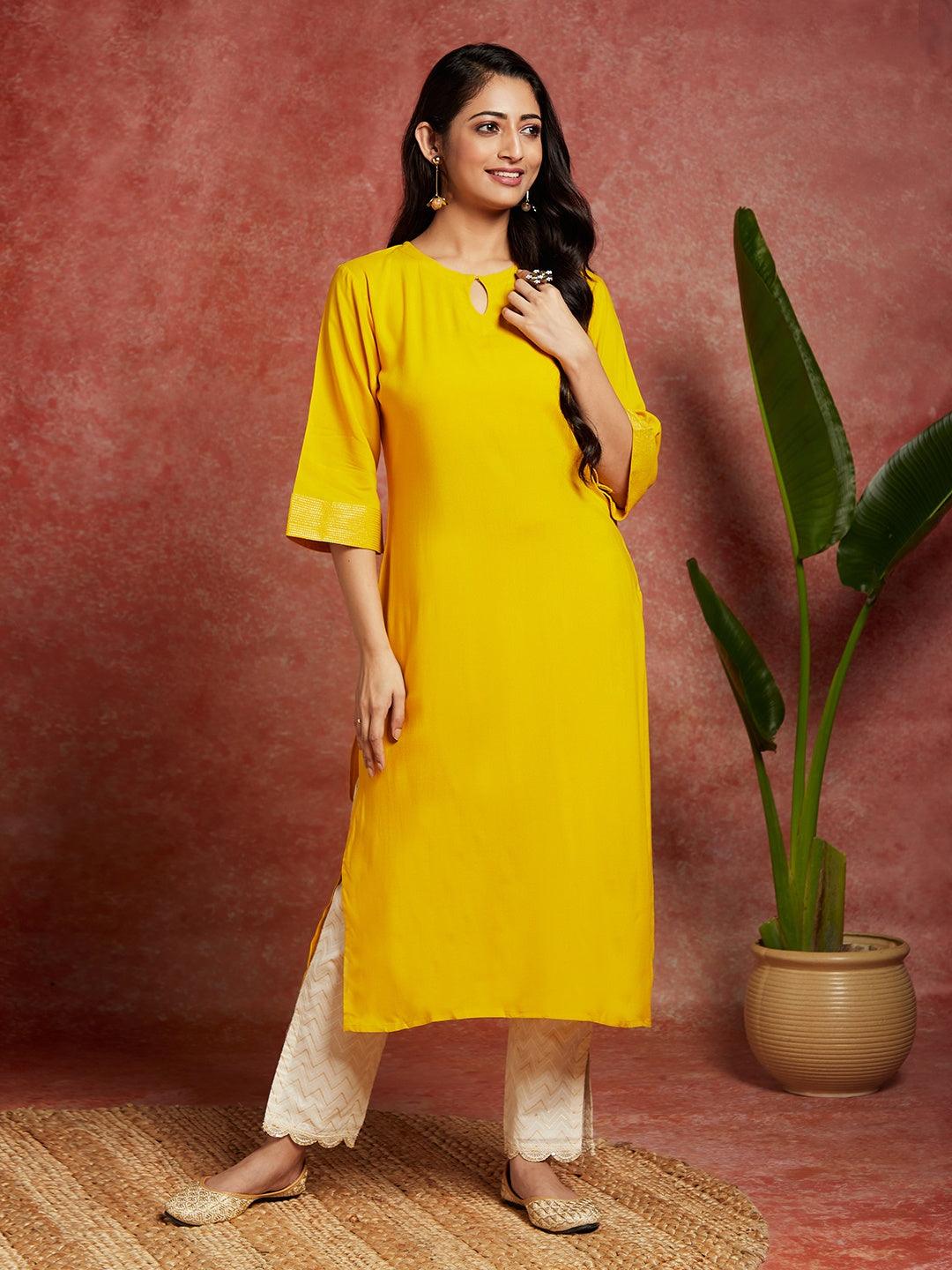 Mustard Solid Rayon Straight Kurta - Jashvi