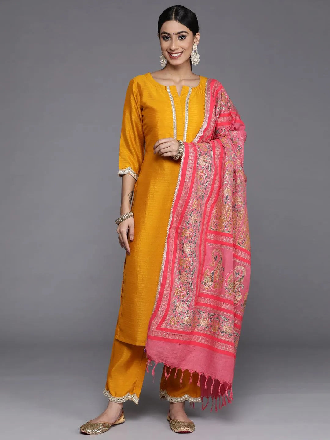 Mustard Solid Silk Blend Straight Suit Set With Trousers - Jashvi