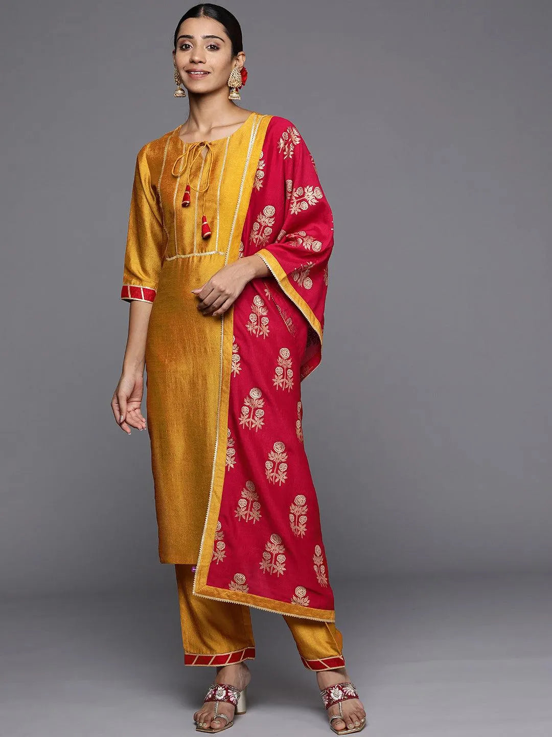 Mustard Solid Silk Blend Straight Suit Set - Jashvi