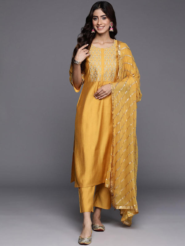 Mustard Solid Silk Blend Straight Kurta With Trousers & Dupatta - Jashvi