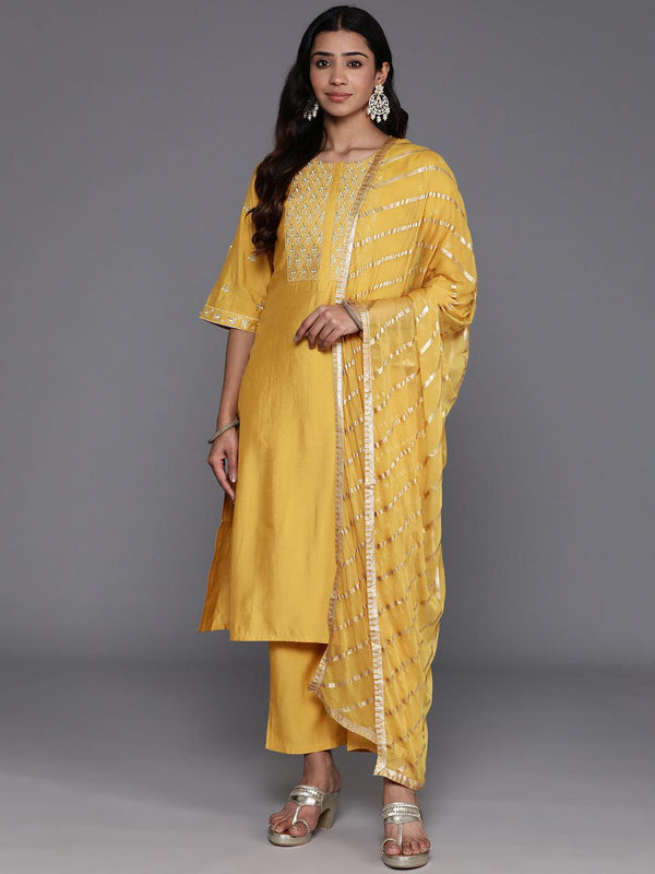 Mustard Solid Silk Blend Straight Kurta With Trousers & Dupatta - Jashvi