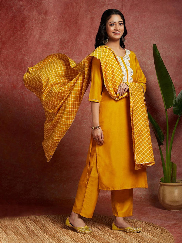 Mustard Solid Silk Blend Straight Kurta With Trousers & Dupatta - Jashvi