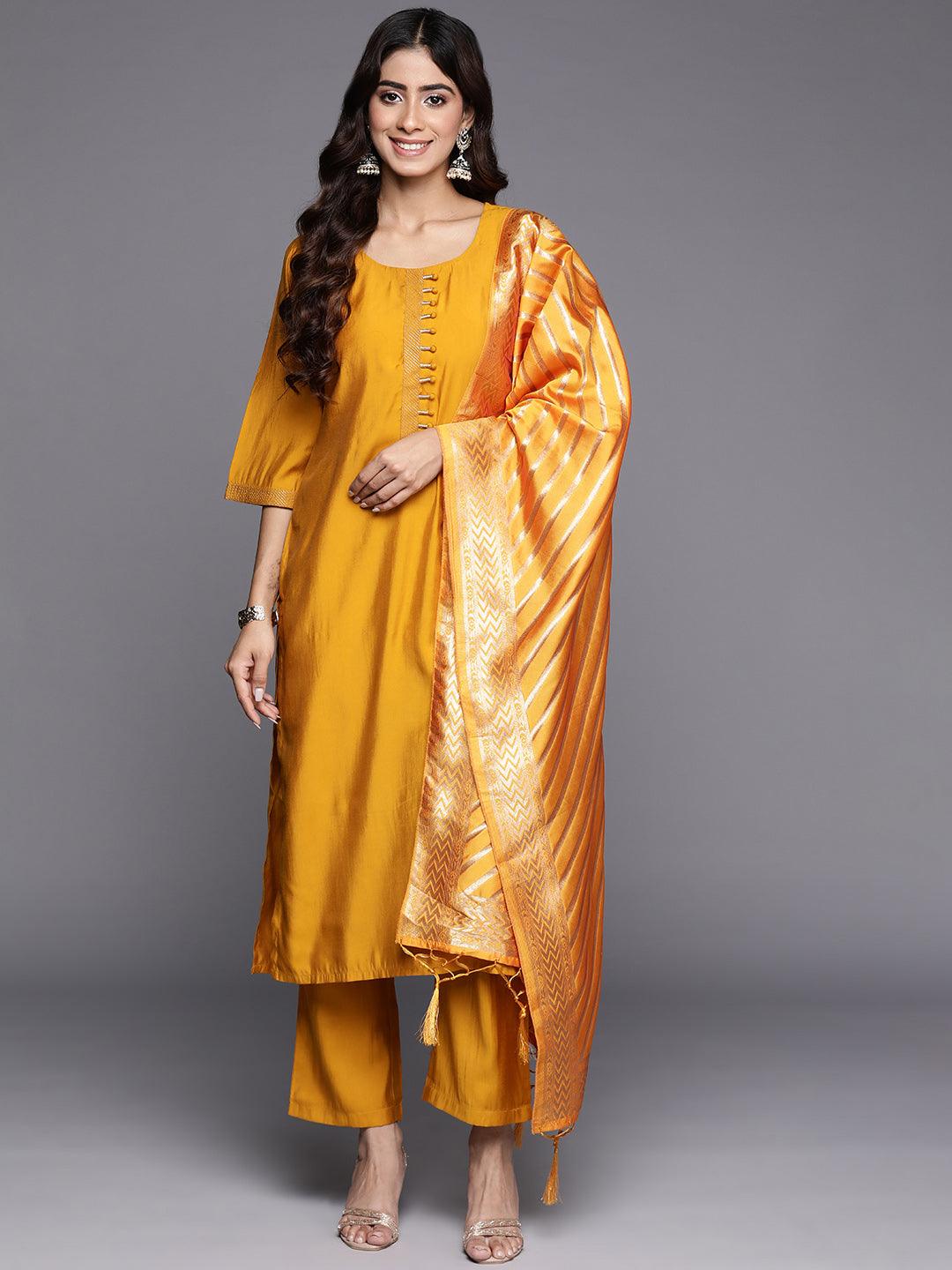 Mustard Solid Silk Blend Straight Kurta With Trousers & Dupatta - Jashvi