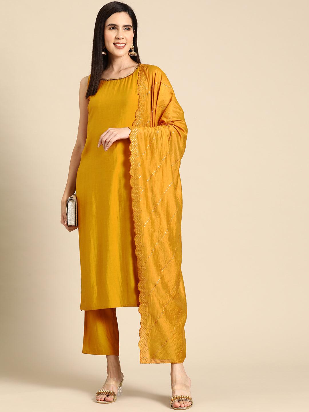 Mustard Solid Silk Blend Straight Kurta With Trousers & Dupatta - Jashvi