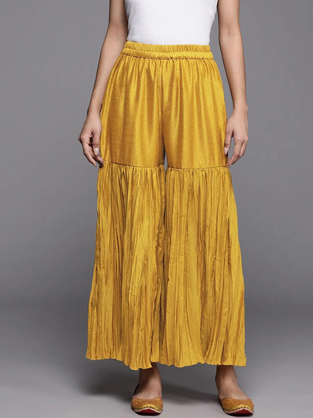 Mustard Solid Silk Palazzos - Jashvi