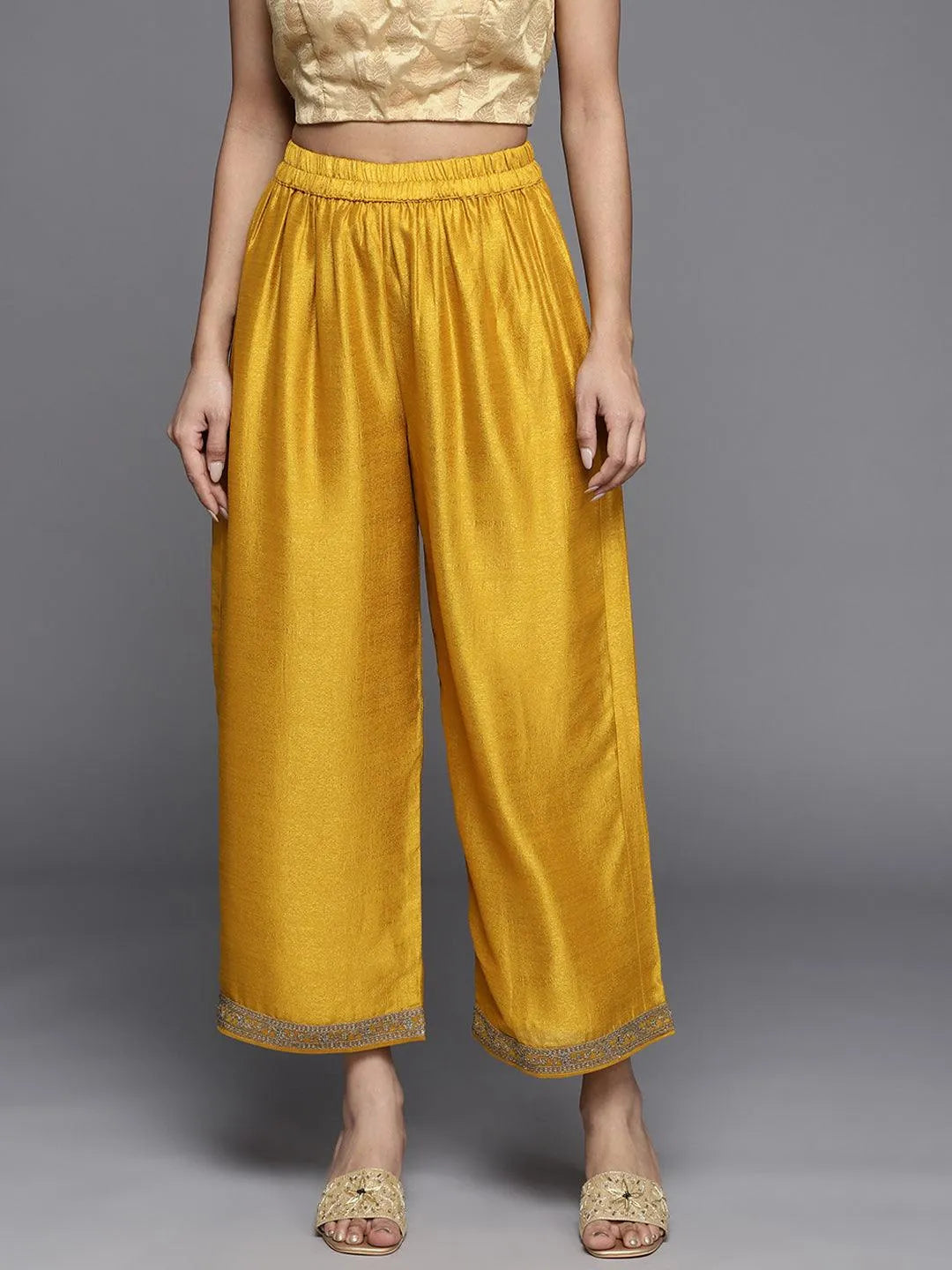 Mustard Solid Silk Palazzos - Jashvi