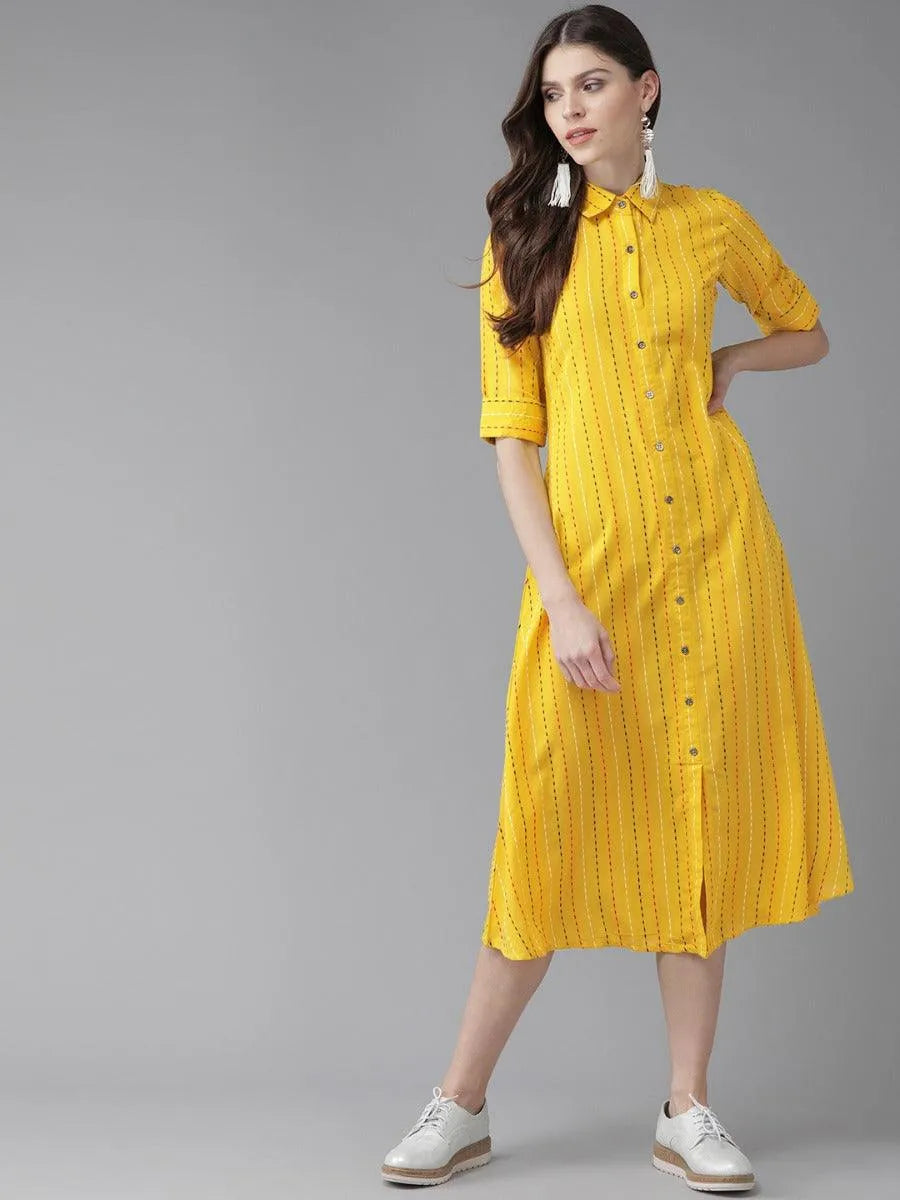 Mustard Striped Cotton Dress - Jashvi