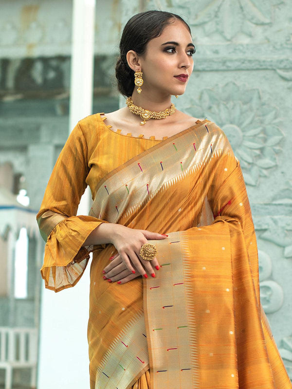 Women's Mustard Tussar Silk Paithani Saree - Odette