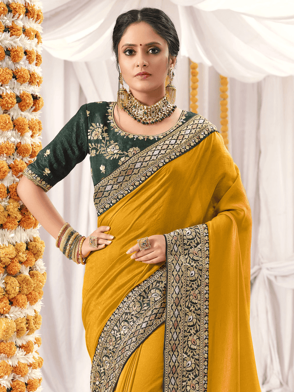 Women's Mustard Vichitra Silk Wevon Designer Saree - Odette