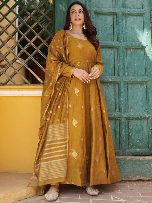 Mustard Woven Design Chanderi Silk Anarkali Kurta With Palazzos & Dupatta - Jashvi