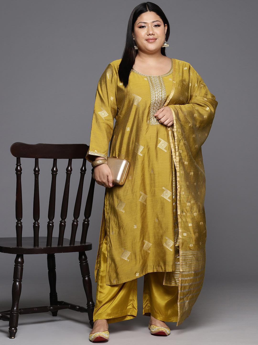 Mustard Woven Design Chanderi Silk Straight Kurta With Trousers & Dupatta - Jashvi