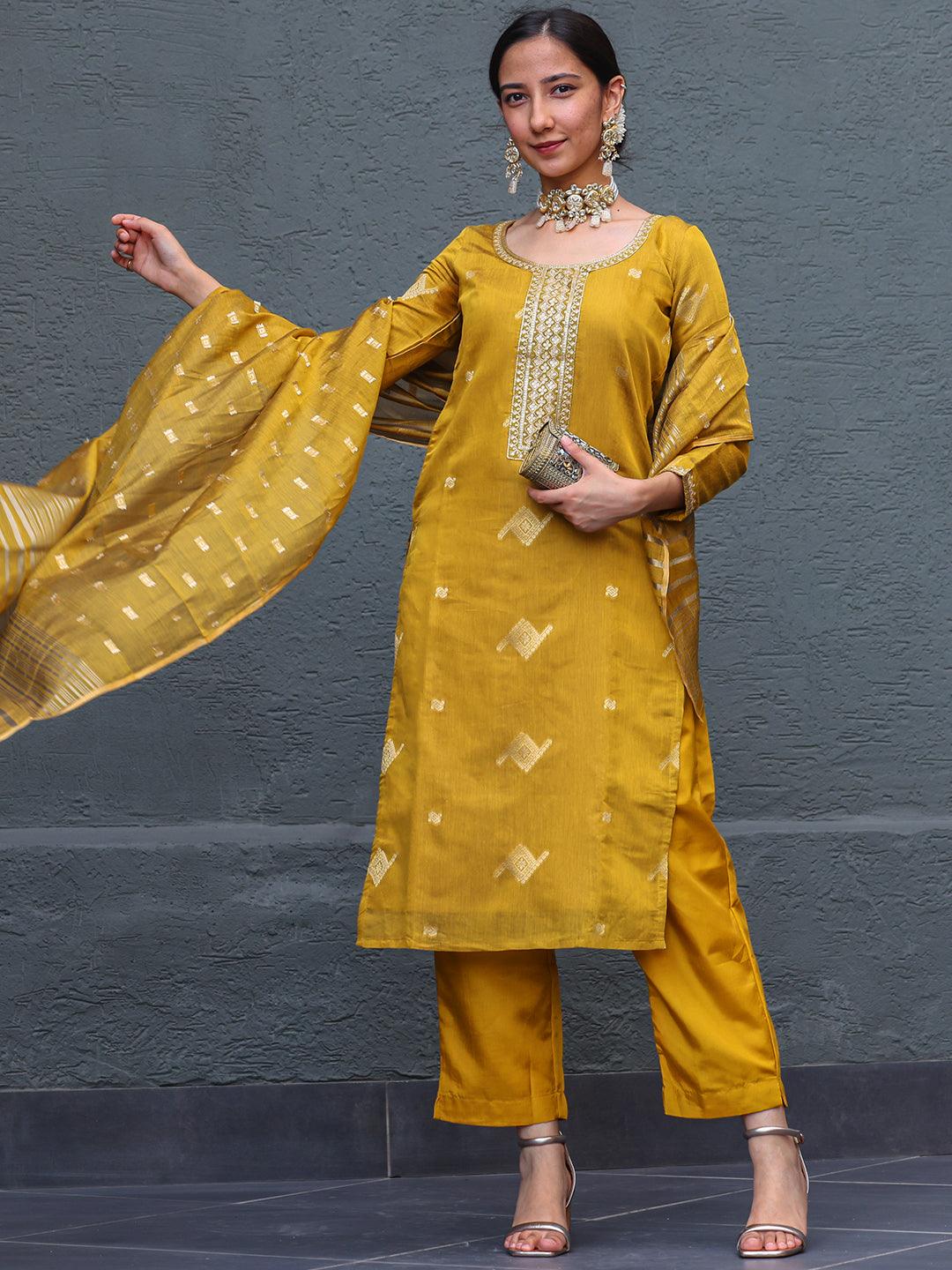 Mustard Woven Design Chanderi Silk Straight Kurta With Trousers & Dupatta - Jashvi