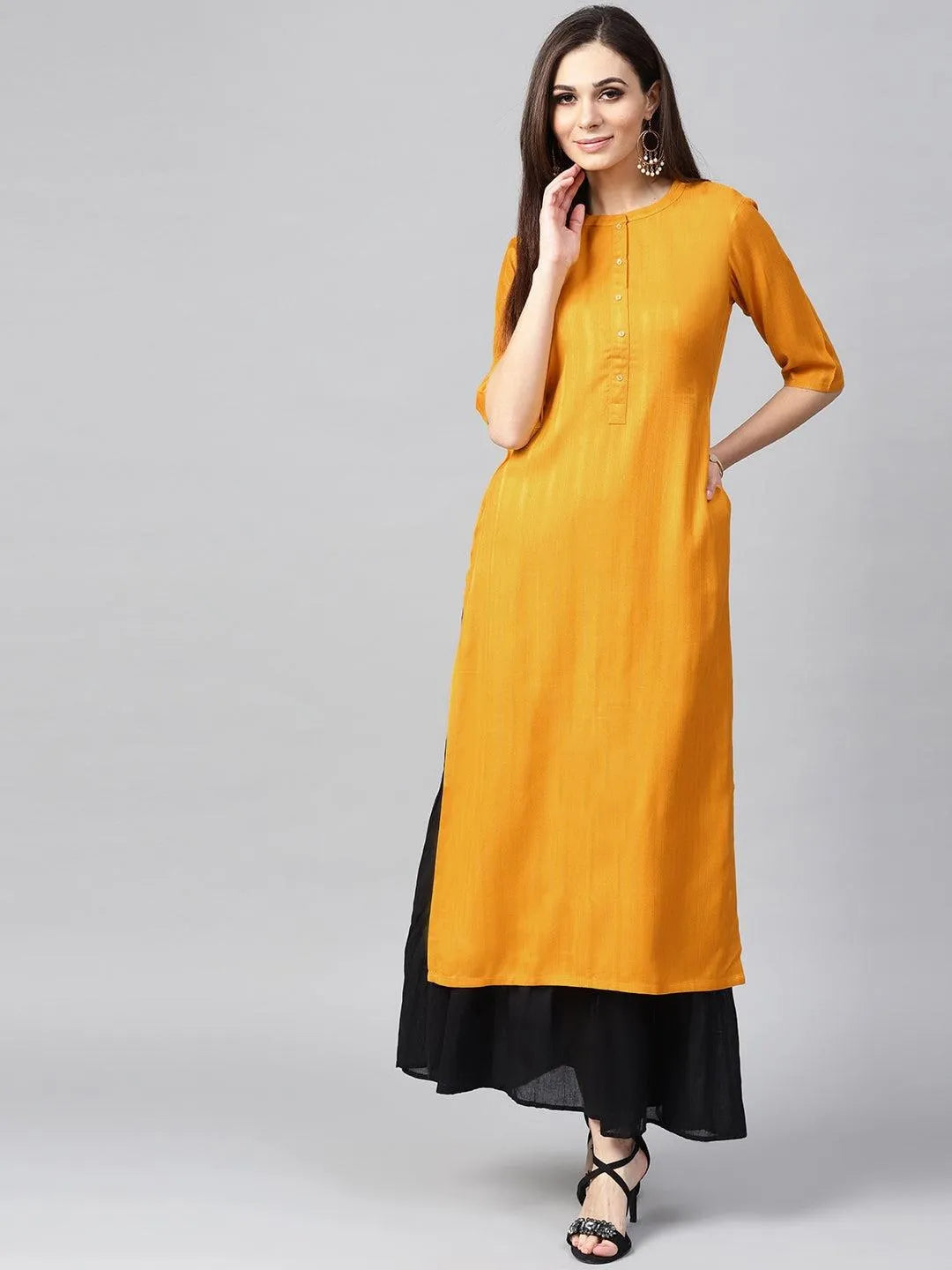 Mustard Woven Design Rayon Kurta - Jashvi