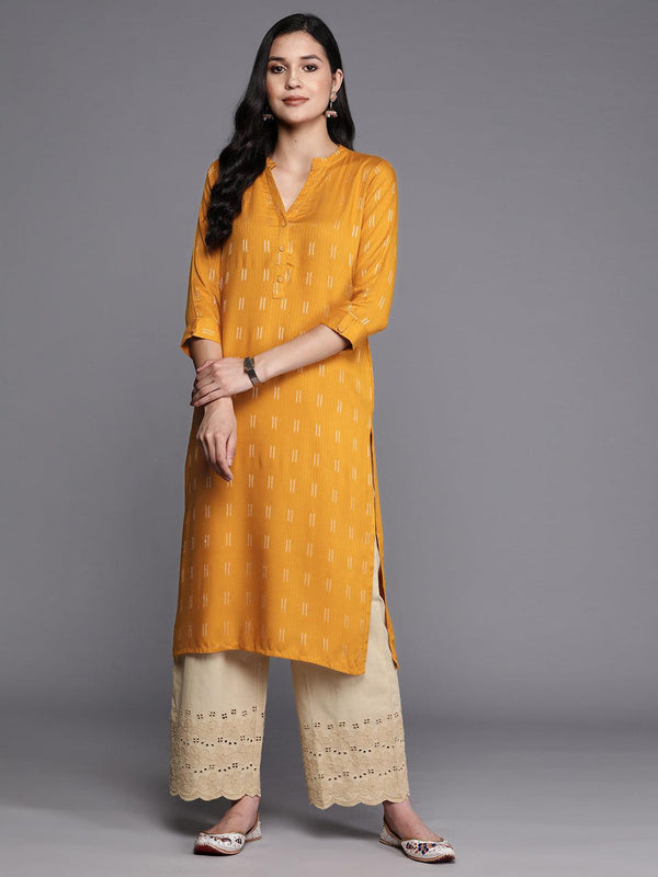 Mustard Woven Design Rayon Straight Kurta - Jashvi