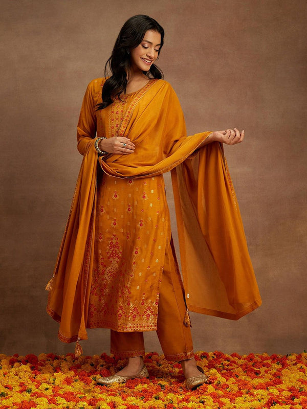 Mustard Woven Design Silk Blend Straight Kurta With Trousers & Dupatta - Jashvi