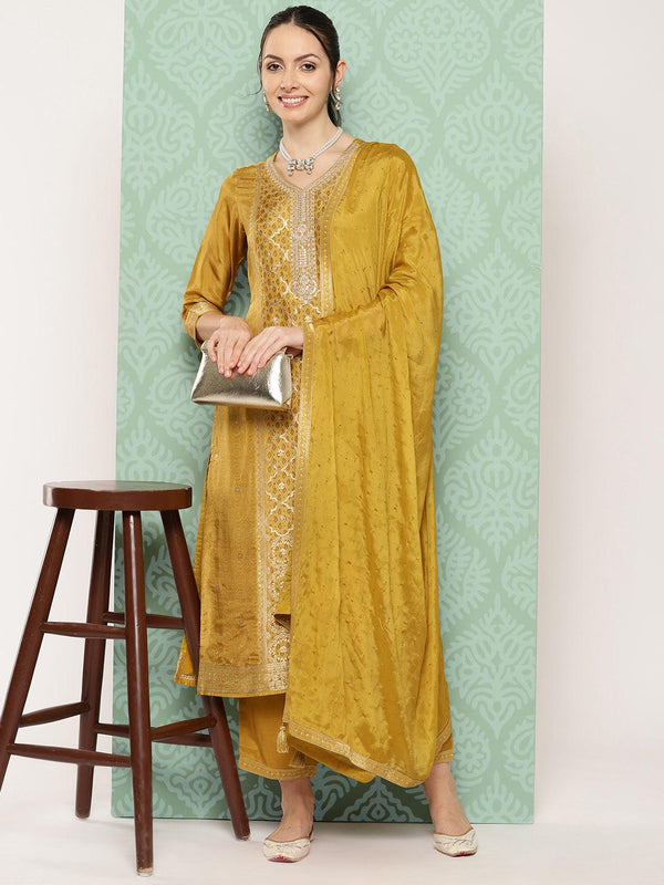 Mustard Woven Design Silk Blend Straight Kurta With Trousers & Dupatta - Jashvi