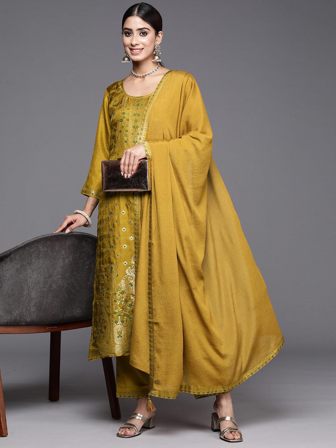 Mustard Woven Design Silk Blend Straight Kurta With Trousers & Dupatta - Jashvi