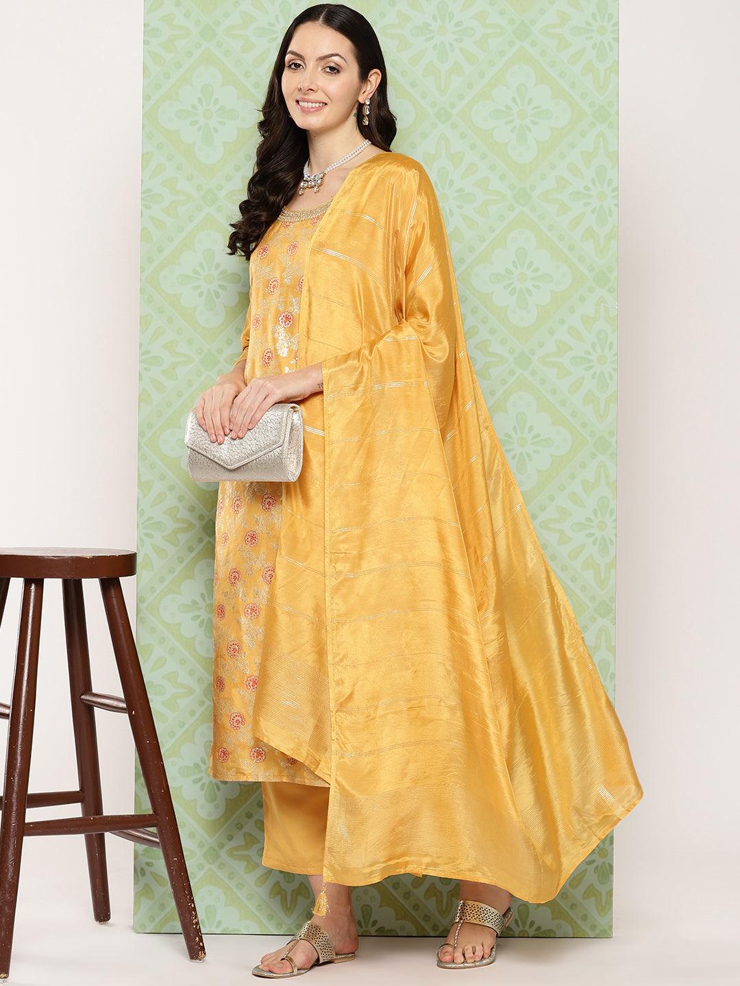 Mustard Woven Design Silk Blend Straight Kurta With Trousers & Dupatta - Jashvi