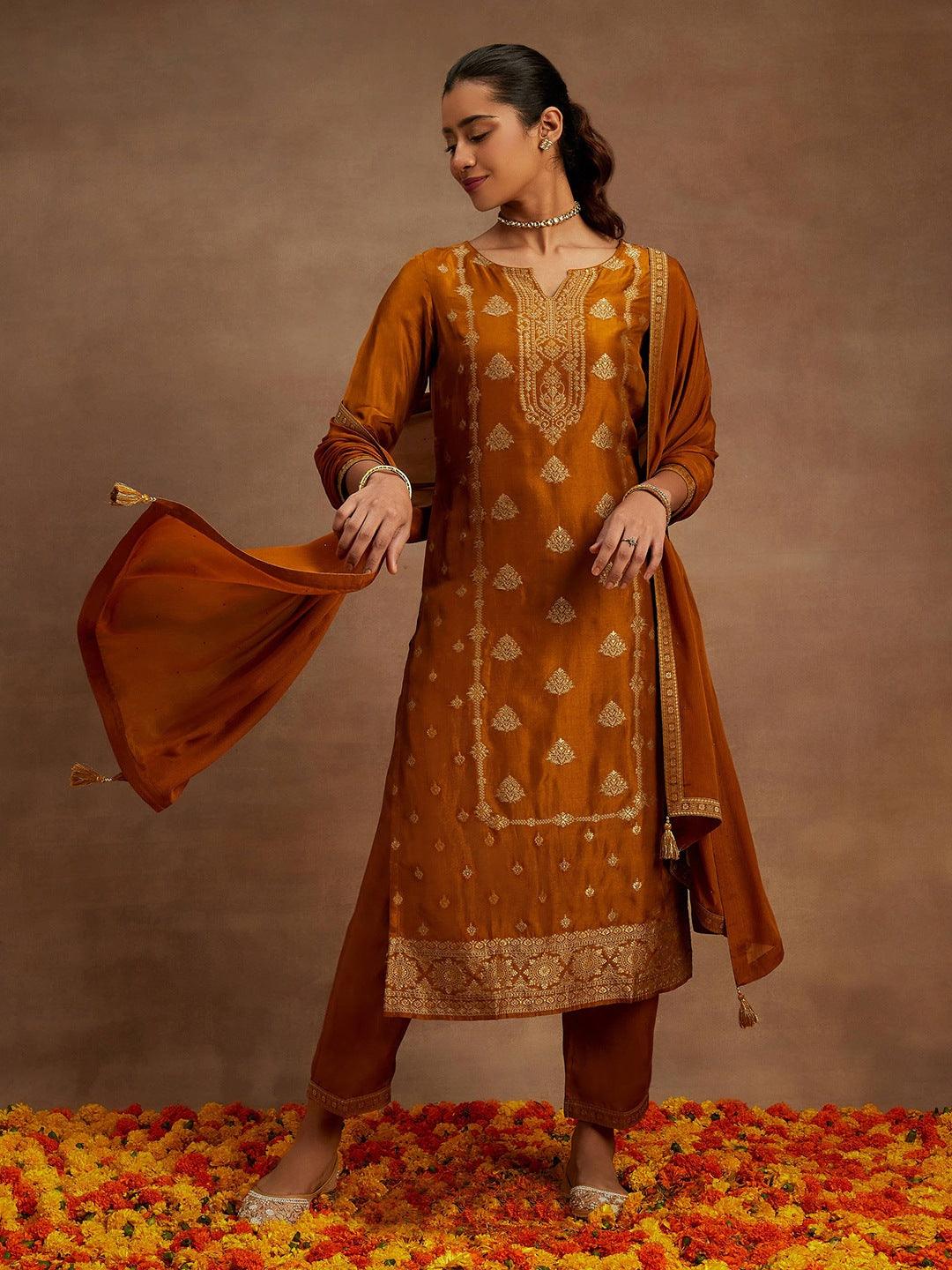 Mustard Woven Design Silk Blend Straight Kurta With Trousers & Dupatta - Jashvi