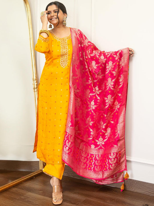 Mustard Woven Design Silk Straight Kurta With Trousers & Dupatta - Jashvi