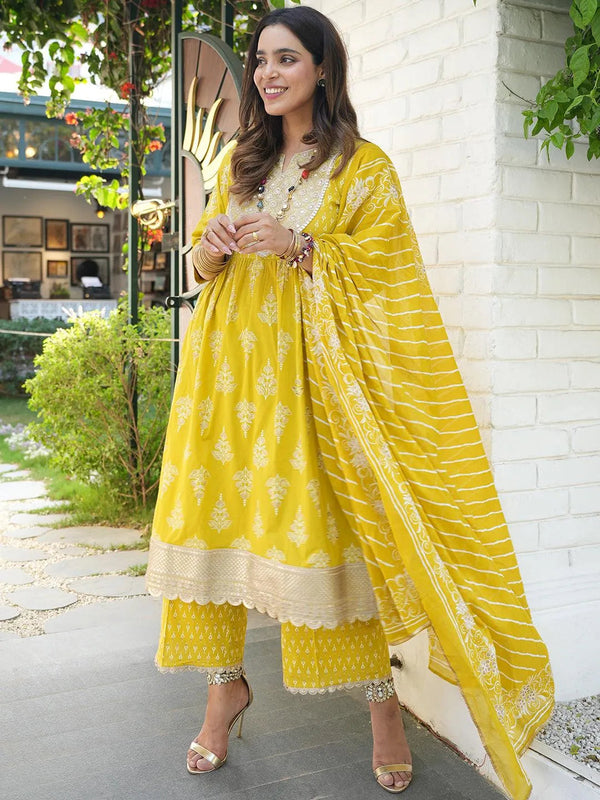 Mustard Yoke Design Cotton A-Line Suit Set With Palazzos - Jashvi