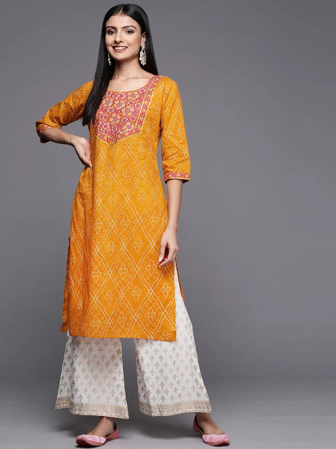 Mustard Yoke Design Cotton Straight Kurta - Jashvi