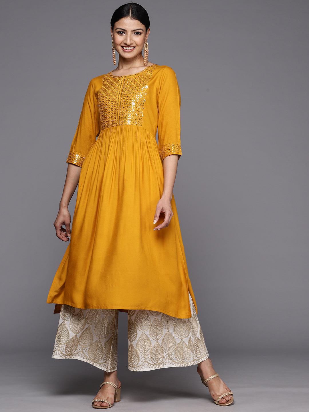 Mustard Yoke Design Rayon A-Line Kurta - Jashvi