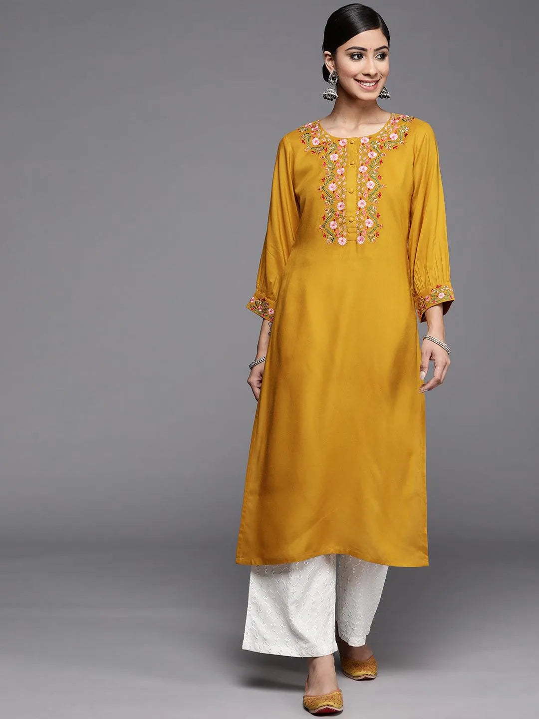 Mustard Yoke Design Rayon Kurta - Jashvi